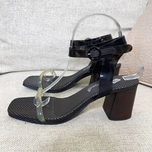 Free People 7.5 Black Sandal Square Toe Heels Strappy Jelly Block Snakeskin